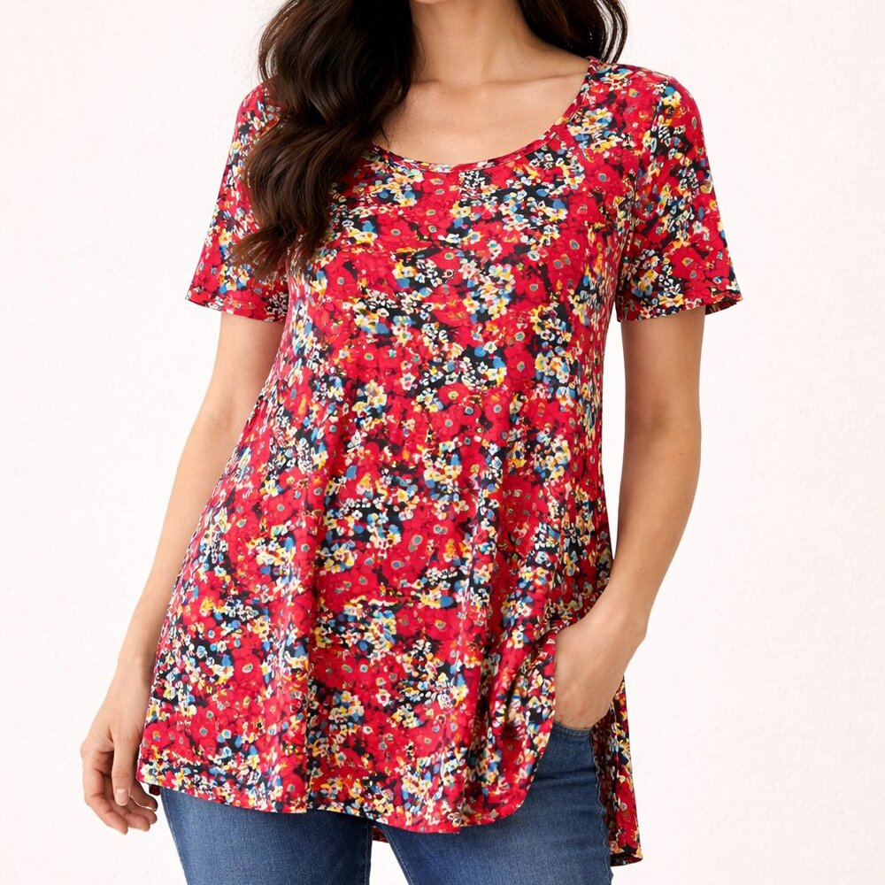 LuLaRoe Perfect T Swing Top Size Small Red Floral Short Sleeve Tunic